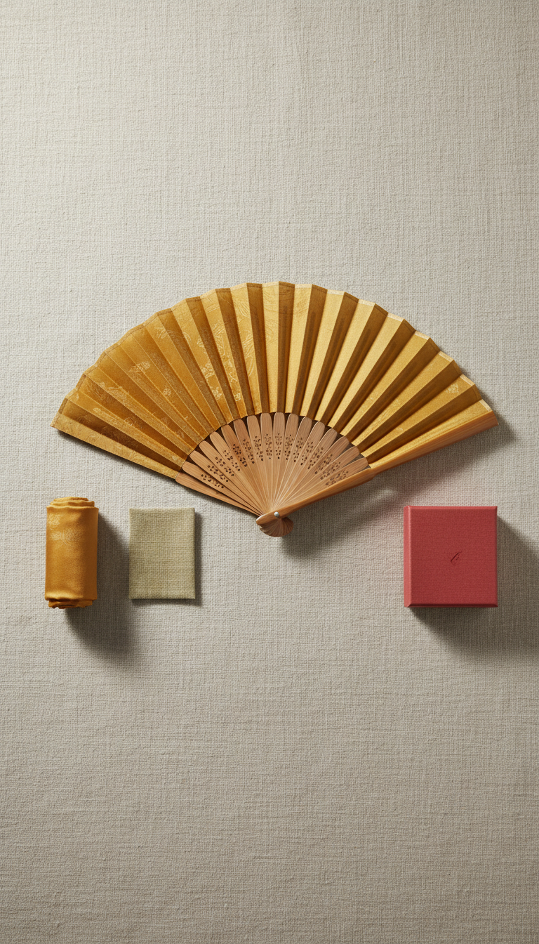 Silk Folding Fan with Carved Wood