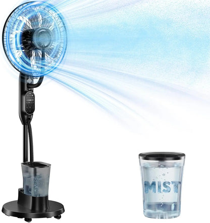 16" Misting Pedestal Fan — Cooling Mist + Humidifier, 9 Speeds, 7H Auto-Timer, Pet-Safe