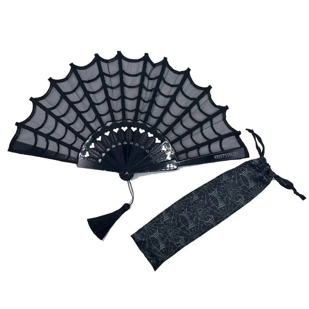 Kreepsville 666 Gothic Lace Hand Fan with Spiderweb Design and Tassel