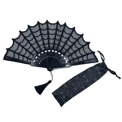 Kreepsville 666 Gothic Lace Hand Fan with Spiderweb Design and Tassel