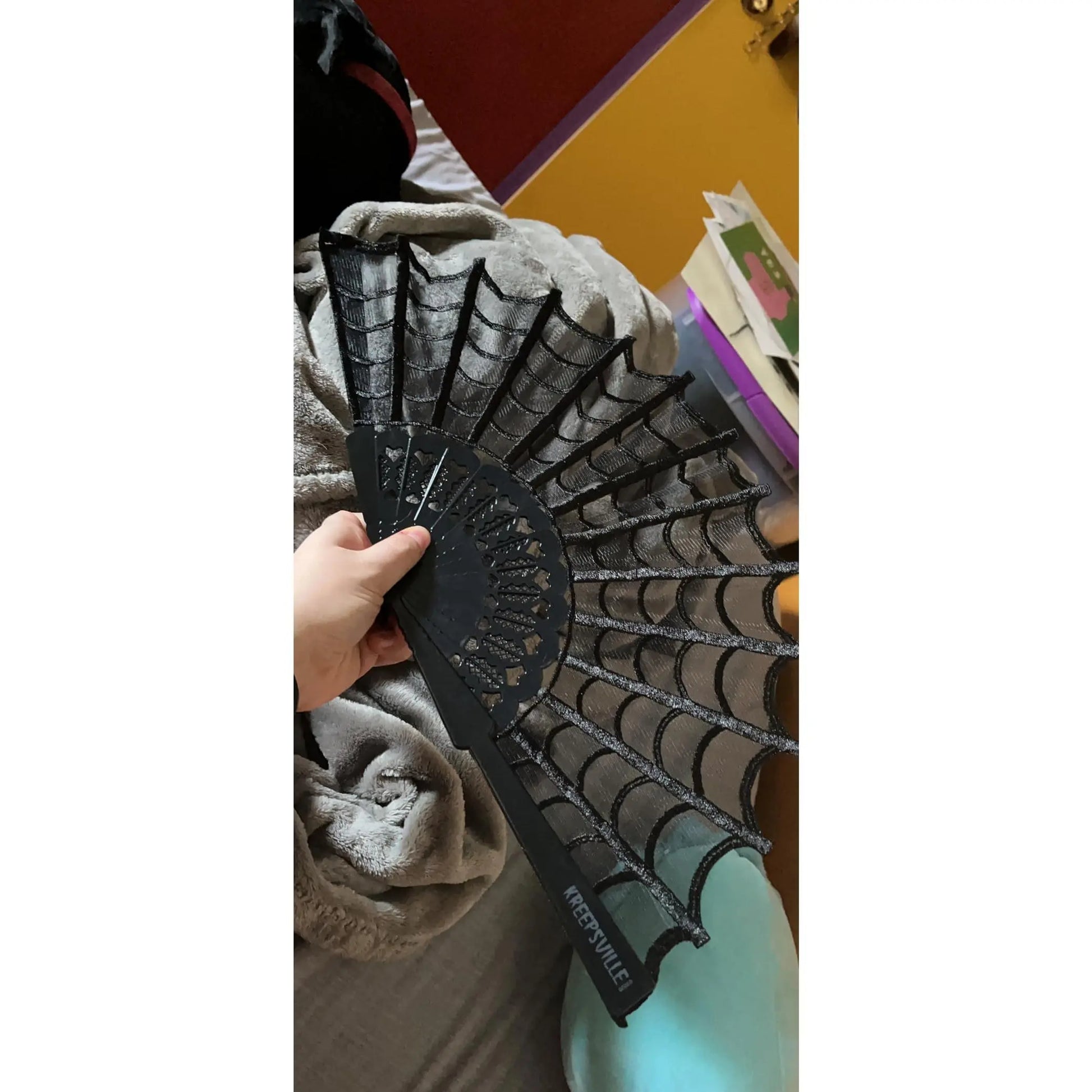 Kreepsville 666 Gothic Lace Hand Fan with Spiderweb Design and Tassel