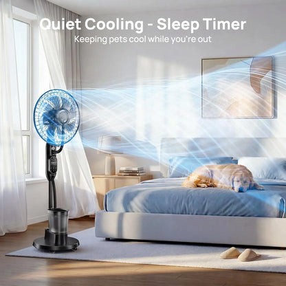 16" Misting Pedestal Fan — Cooling Mist + Humidifier, 9 Speeds, 7H Auto-Timer, Pet-Safe