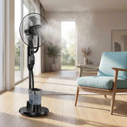 16" Misting Pedestal Fan — Cooling Mist + Humidifier, 9 Speeds, 7H Auto-Timer, Pet-Safe