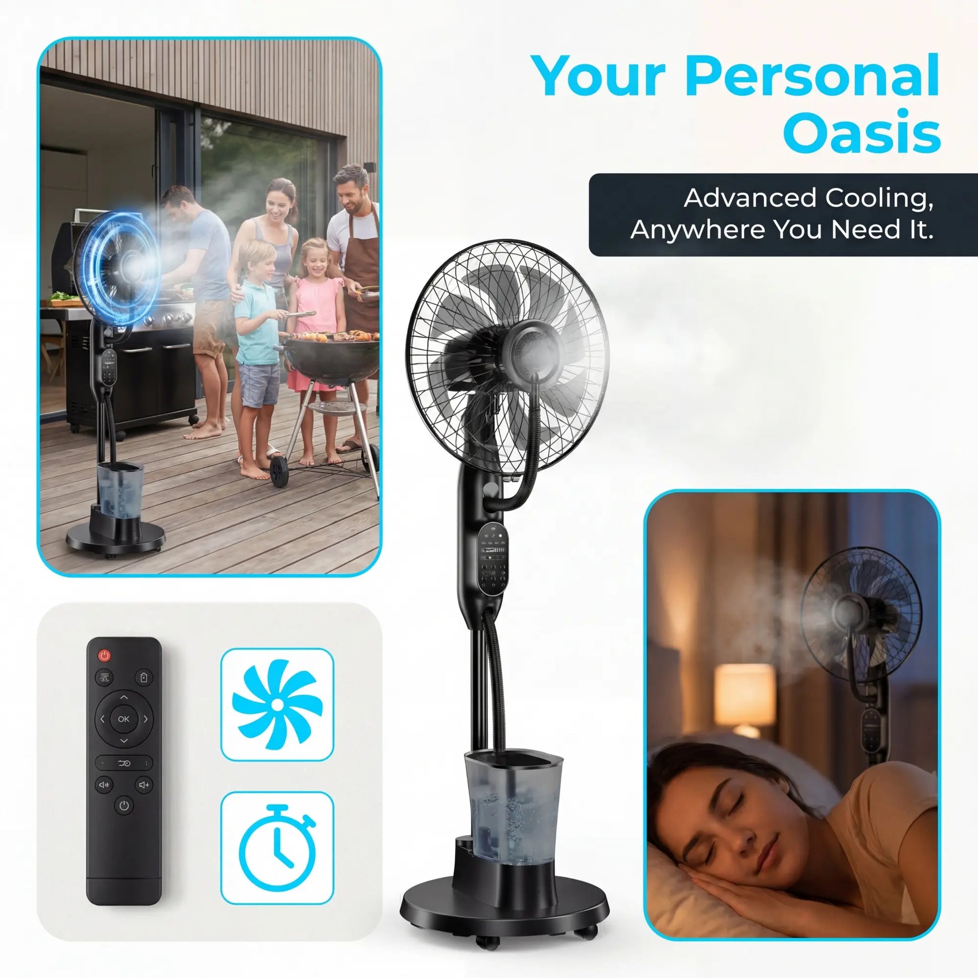 16" Misting Pedestal Fan — Cooling Mist + Humidifier, 9 Speeds, 7H Auto-Timer, Pet-Safe