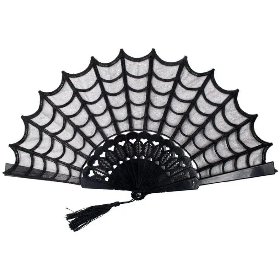 Kreepsville 666 Gothic Lace Hand Fan with Spiderweb Design and Tassel