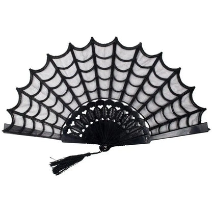 Kreepsville 666 Gothic Lace Hand Fan with Spiderweb Design and Tassel