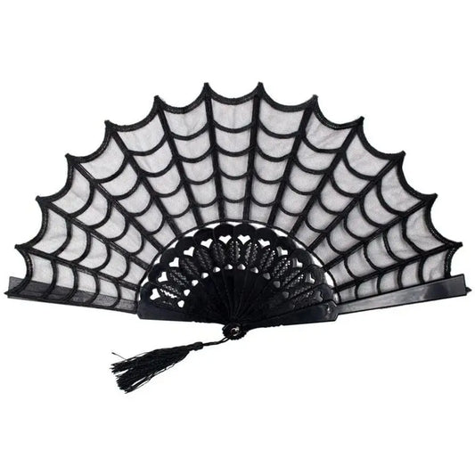 Kreepsville 666 Gothic Lace Hand Fan with Spiderweb Design and Tassel