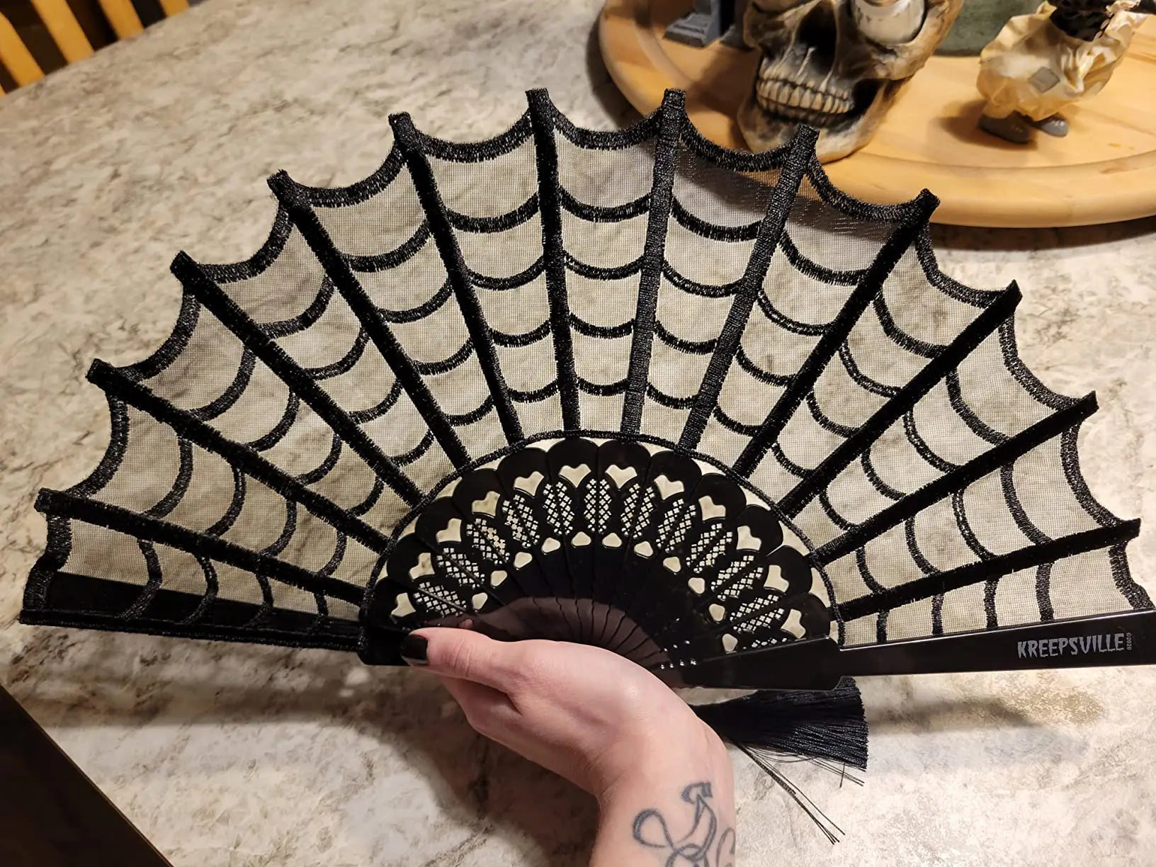 Kreepsville 666 Gothic Lace Hand Fan with Spiderweb Design and Tassel