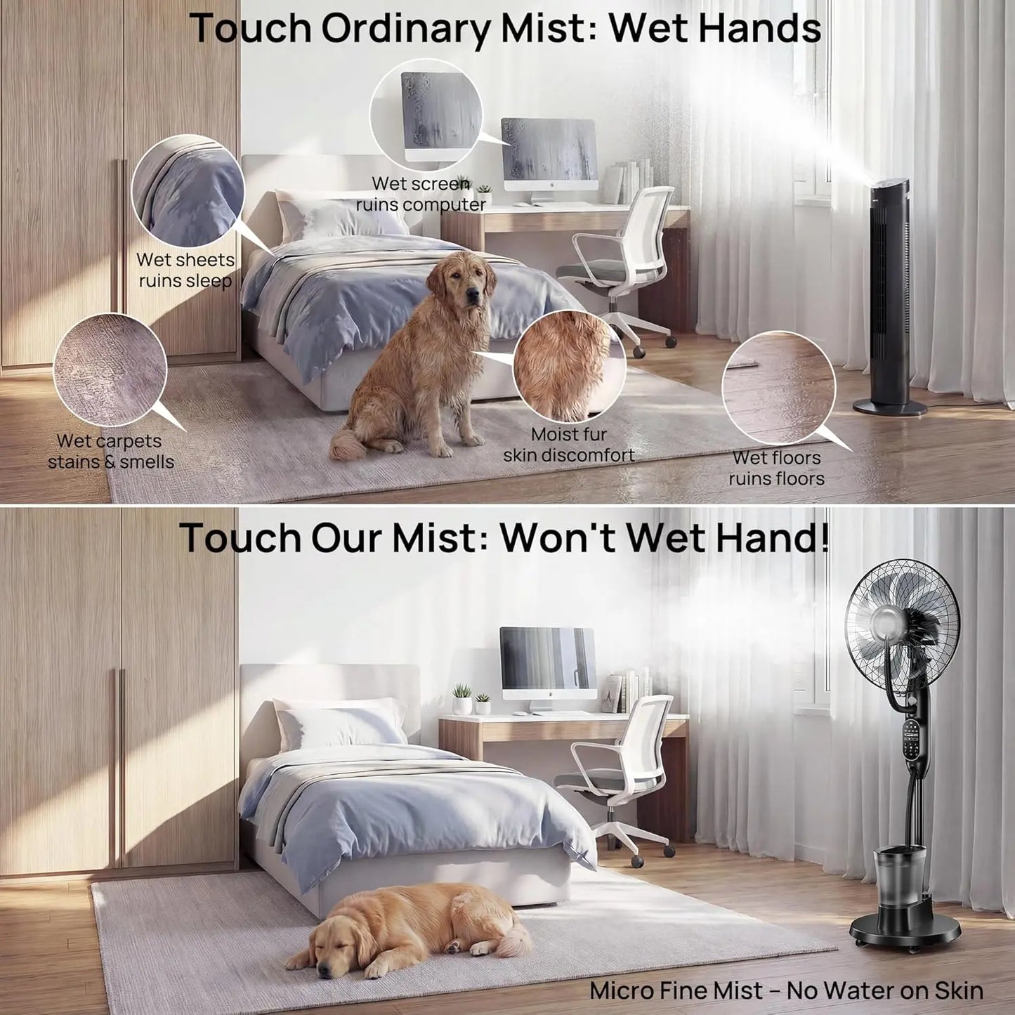 16" Misting Pedestal Fan — Cooling Mist + Humidifier, 9 Speeds, 7H Auto-Timer, Pet-Safe