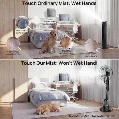 16" Misting Pedestal Fan — Cooling Mist + Humidifier, 9 Speeds, 7H Auto-Timer, Pet-Safe