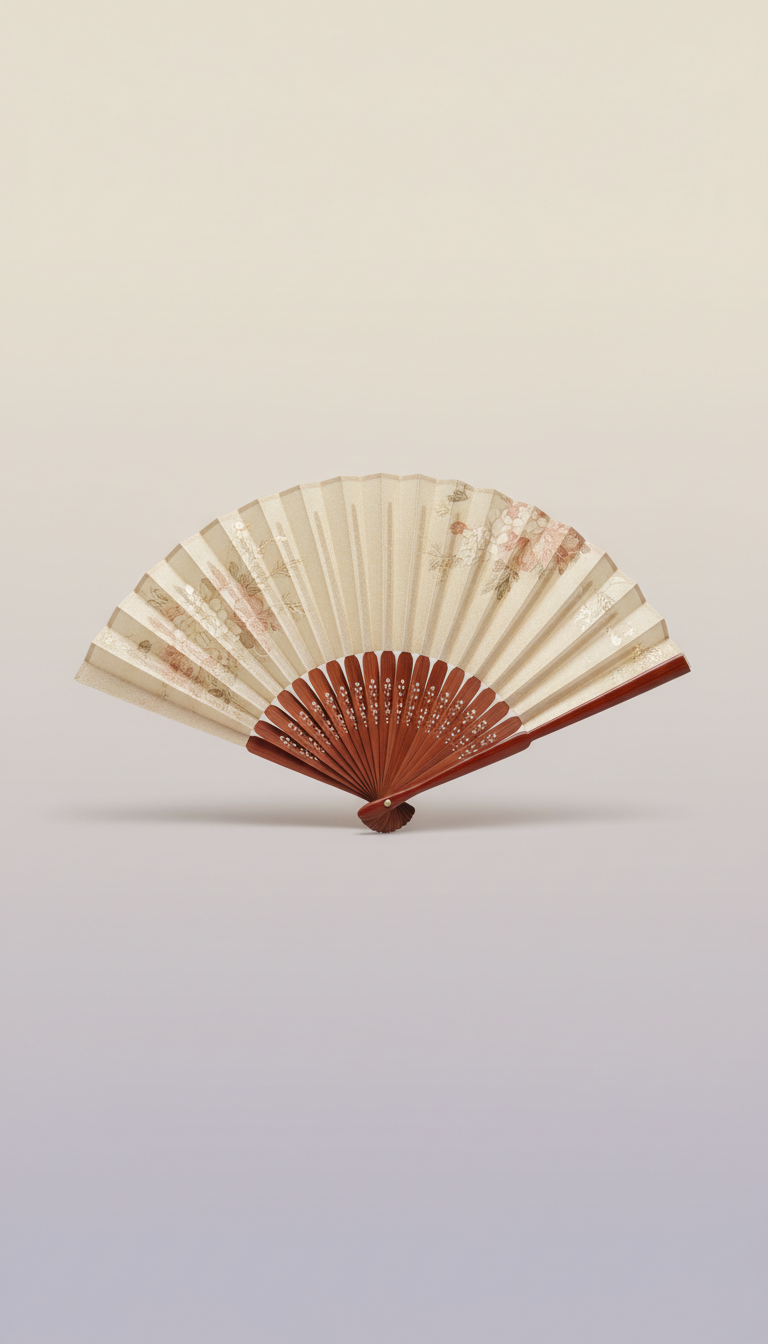 Silk Folding Fan With Inlaid Wood