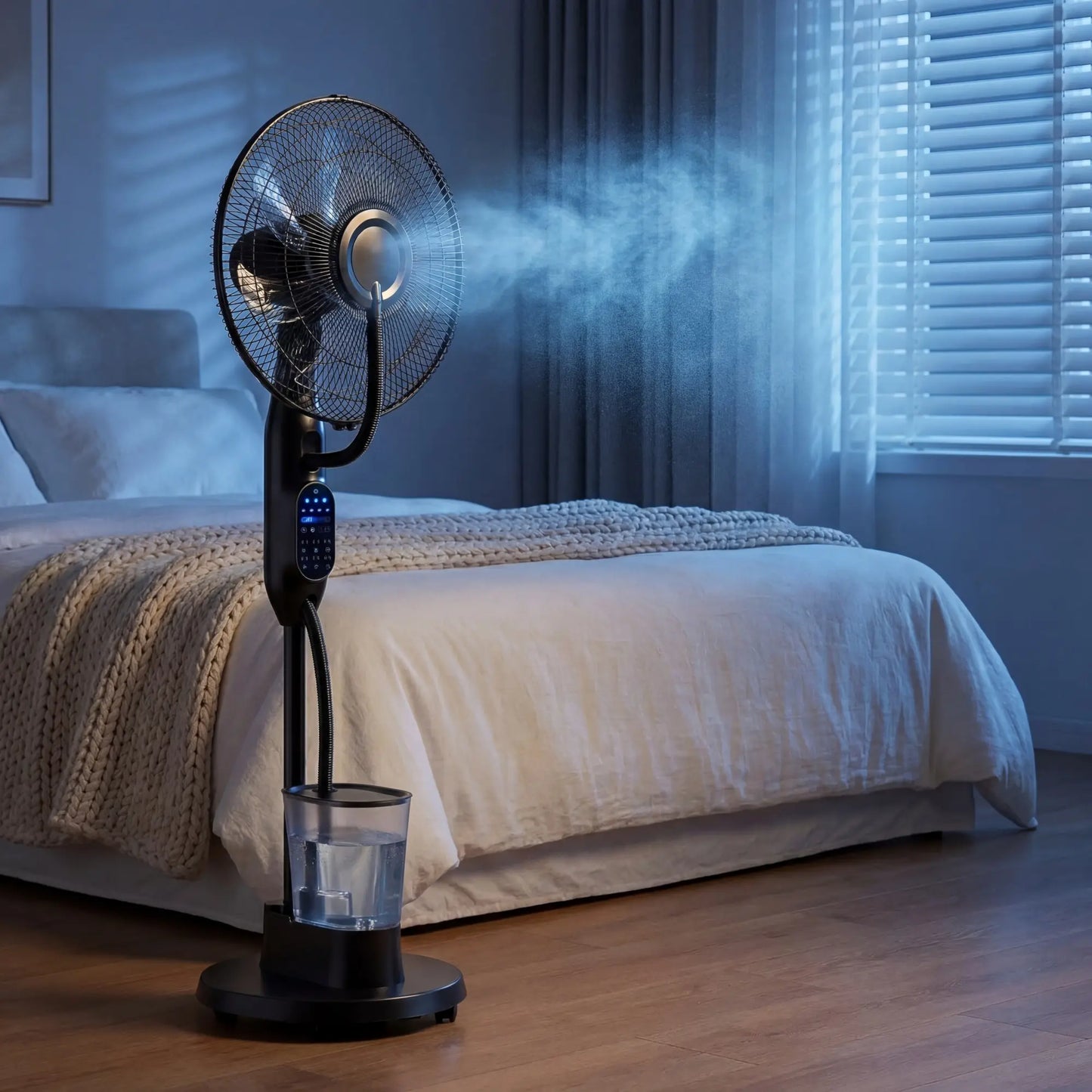 16" Misting Pedestal Fan — Cooling Mist + Humidifier, 9 Speeds, 7H Auto-Timer, Pet-Safe
