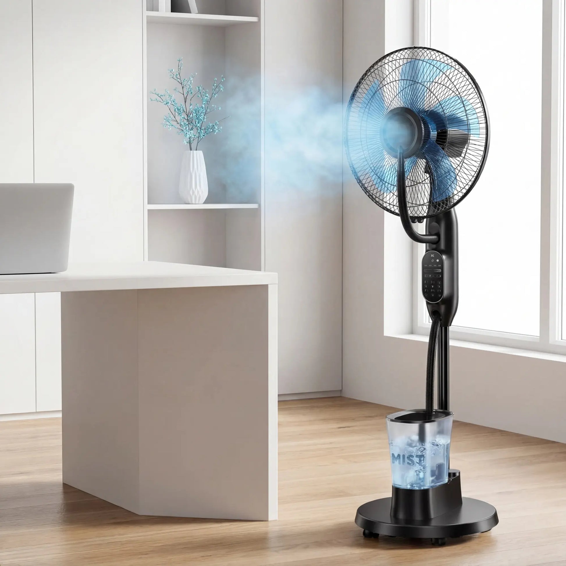 16" Misting Pedestal Fan — Cooling Mist + Humidifier, 9 Speeds, 7H Auto-Timer, Pet-Safe