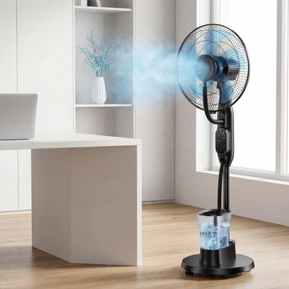 16" Misting Pedestal Fan — Cooling Mist + Humidifier, 9 Speeds, 7H Auto-Timer, Pet-Safe
