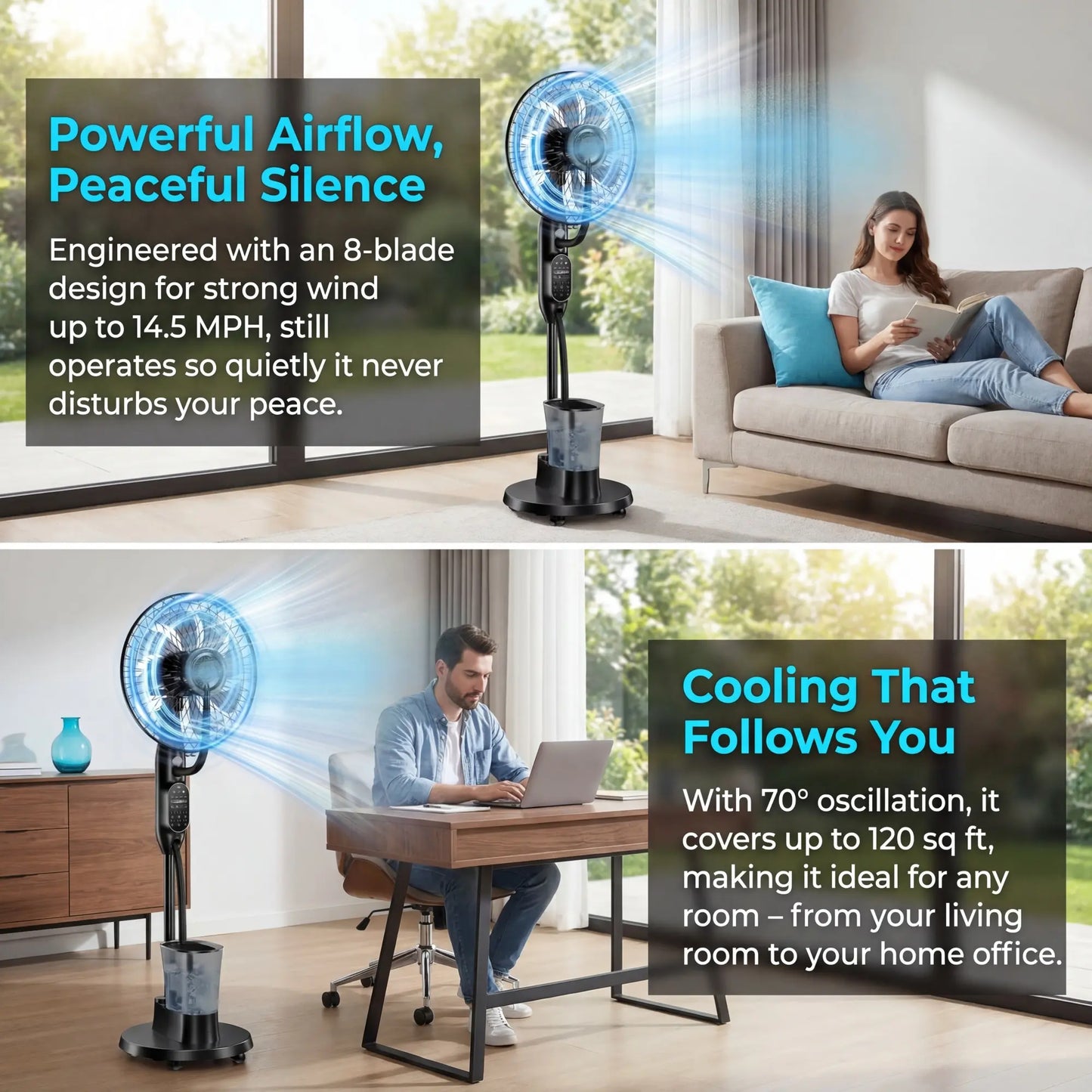 16" Misting Pedestal Fan — Cooling Mist + Humidifier, 9 Speeds, 7H Auto-Timer, Pet-Safe