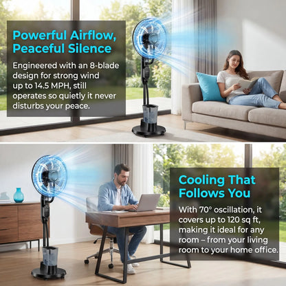16" Misting Pedestal Fan — Cooling Mist + Humidifier, 9 Speeds, 7H Auto-Timer, Pet-Safe